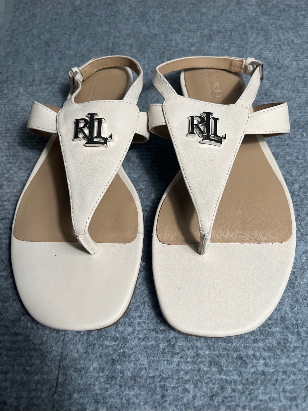 Ralph Lauren Cream Leather Thong Sandals with RL Medallion